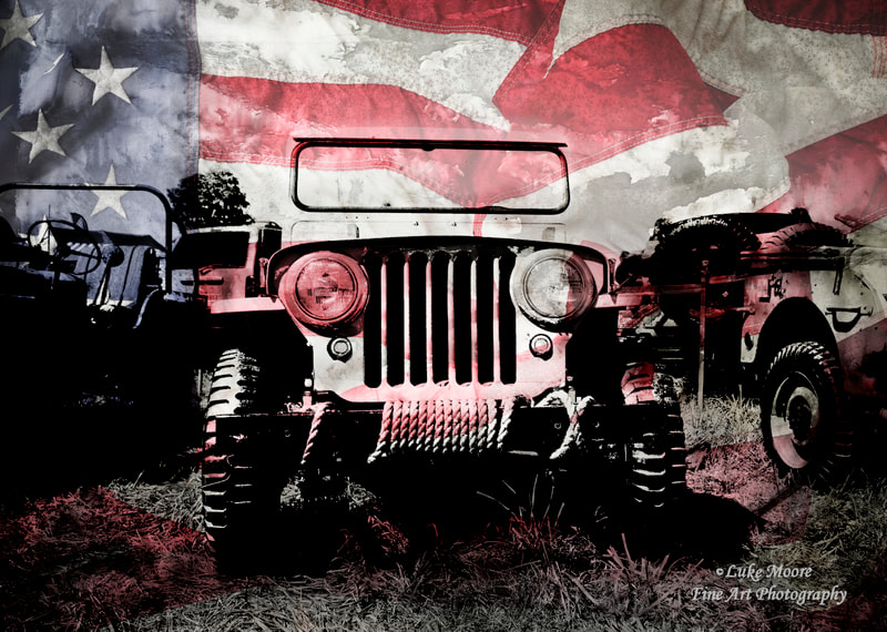 Willys flatfender Jeep with American Flag visual texture.  Jeep Willys wall decor, home decor, and lifestyle art by Luke Moore. 
