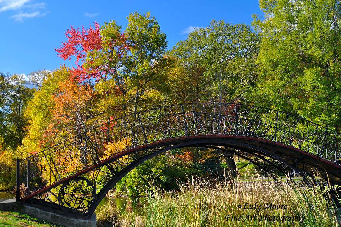 This vivid autumn landscape captures the recognizable footbridge and the colorful fall foliage of Elm Park in Worcester, Massachusetts MA Worcester County. Worcester fine art prints and Worcester County home decor by Luke Moore.