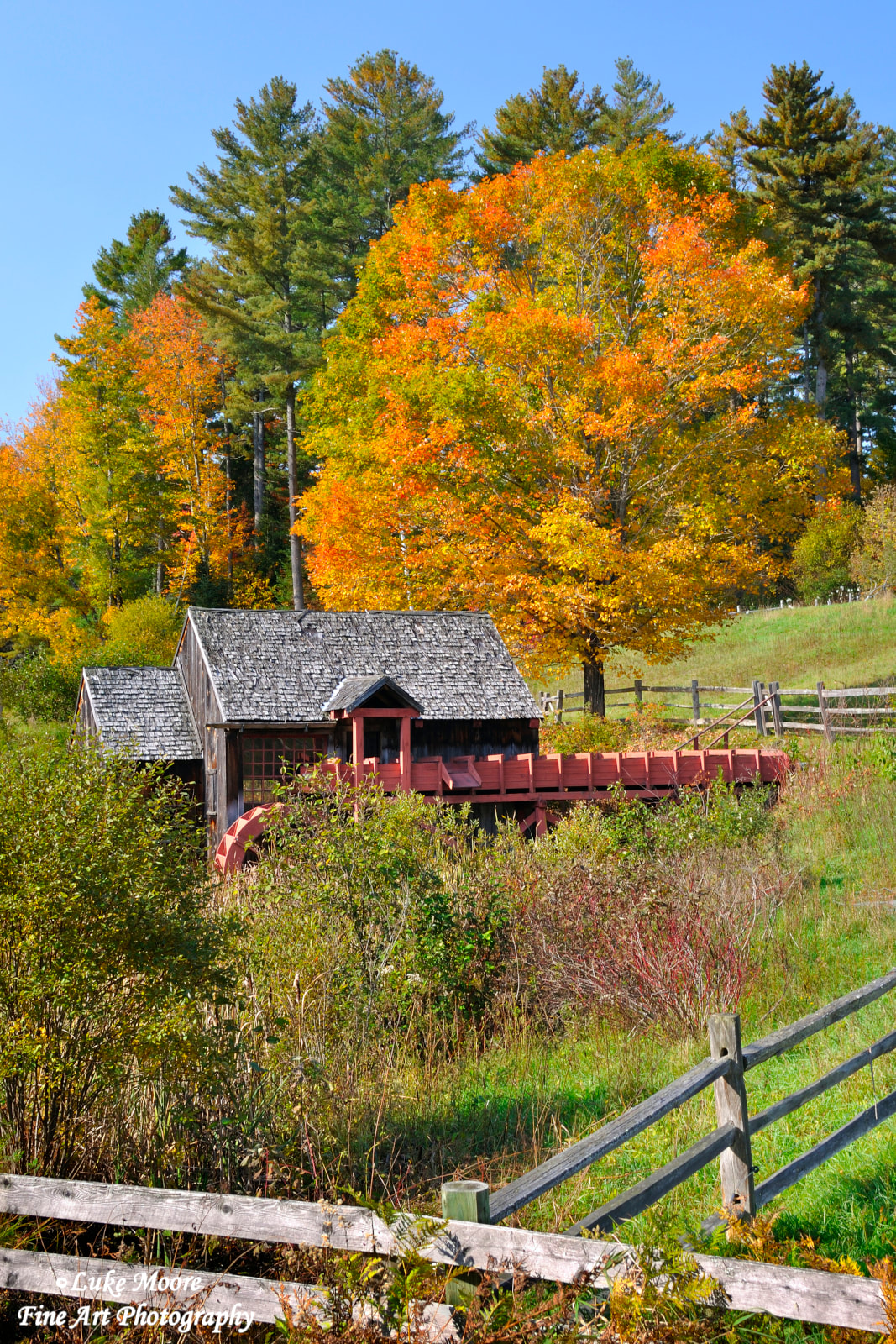Autumn foliage at Old Guildhall Gristmill in Guildhall, Vermont.
